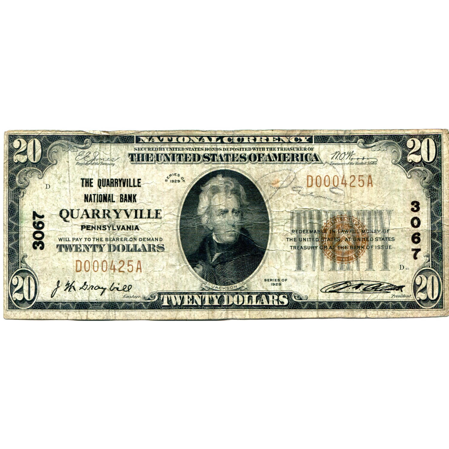 1929 $20 National Banknote Quarryville PA Charter #3067 VG-F