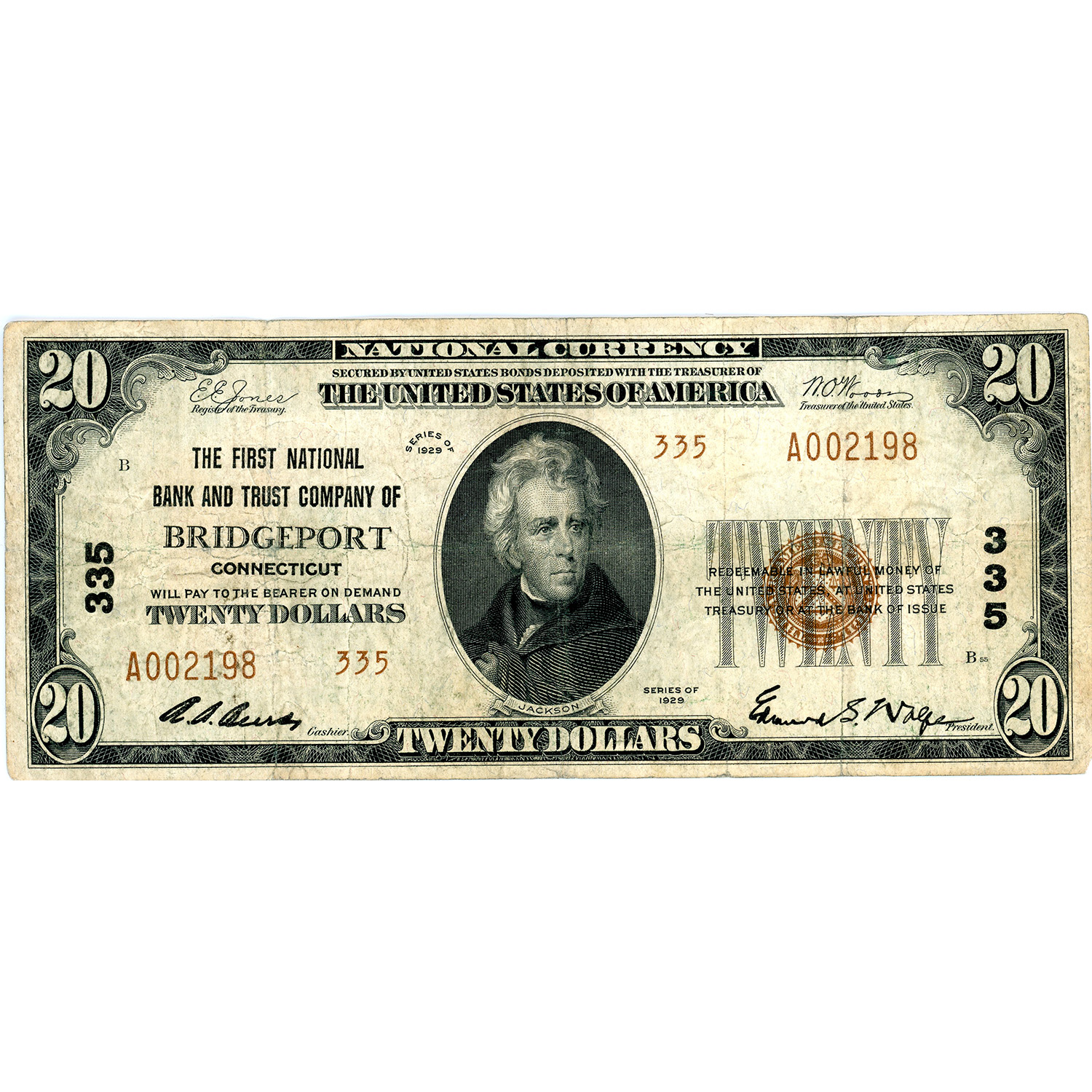 1929 $20 Type II National Bank Note Bridgeport CT Charter#335 F