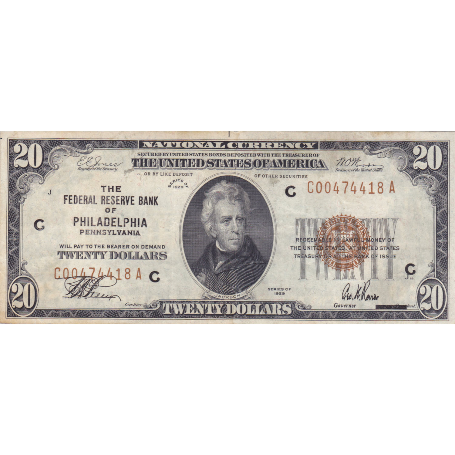 1929 $20 Federal Reserve Note Philadelphia PA F-VF