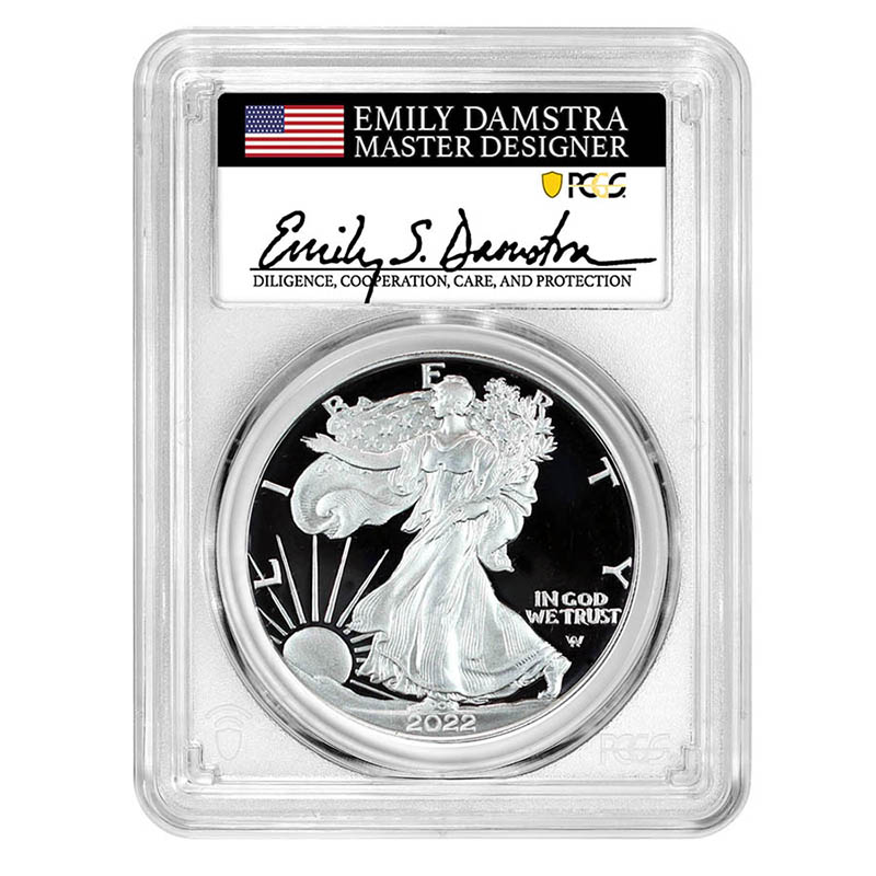 Certified Proof Silver Eagle 2022-S PR70 PCGS First Day of Issue Emily Damstra Signed