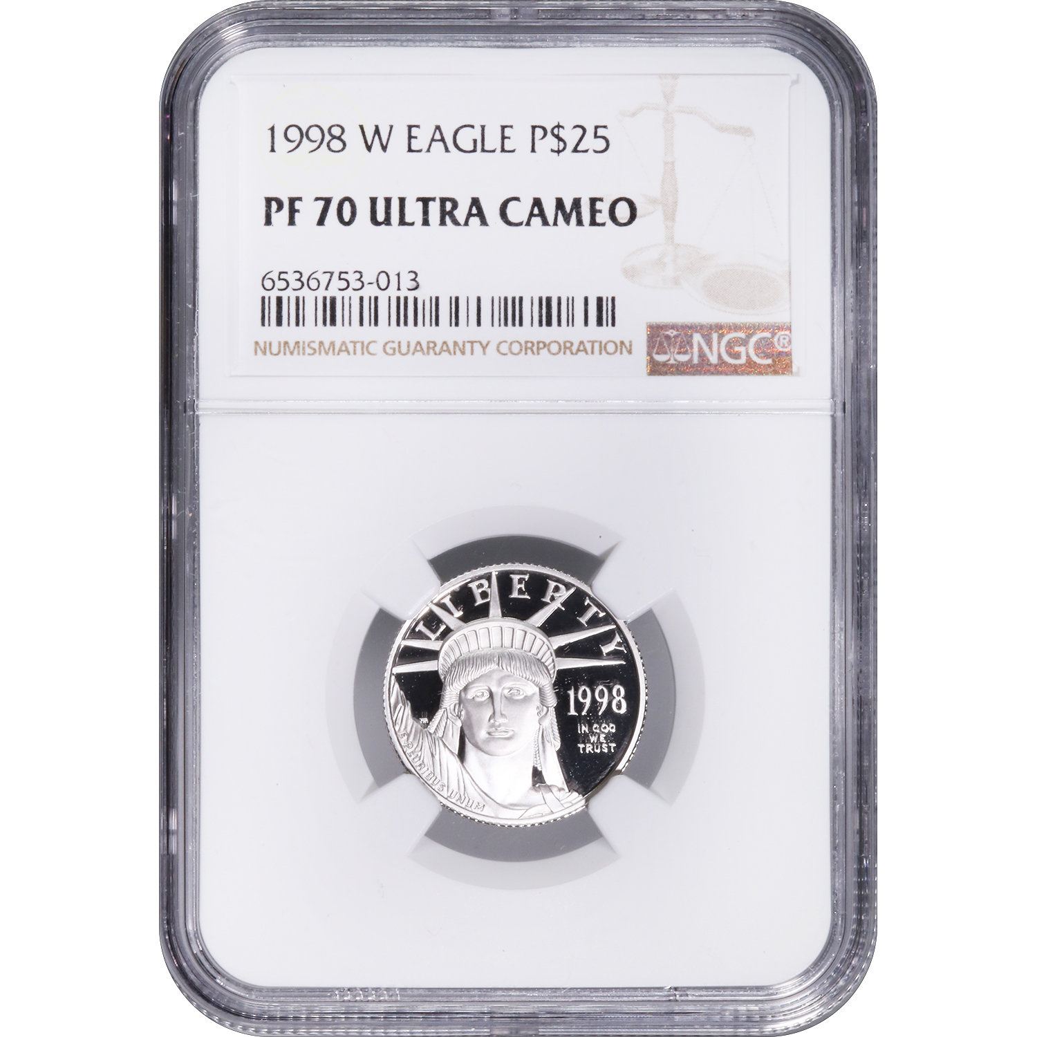 Certified Platinum American Eagle Proof 1998-W Quarter Ounce PF70 NGC
