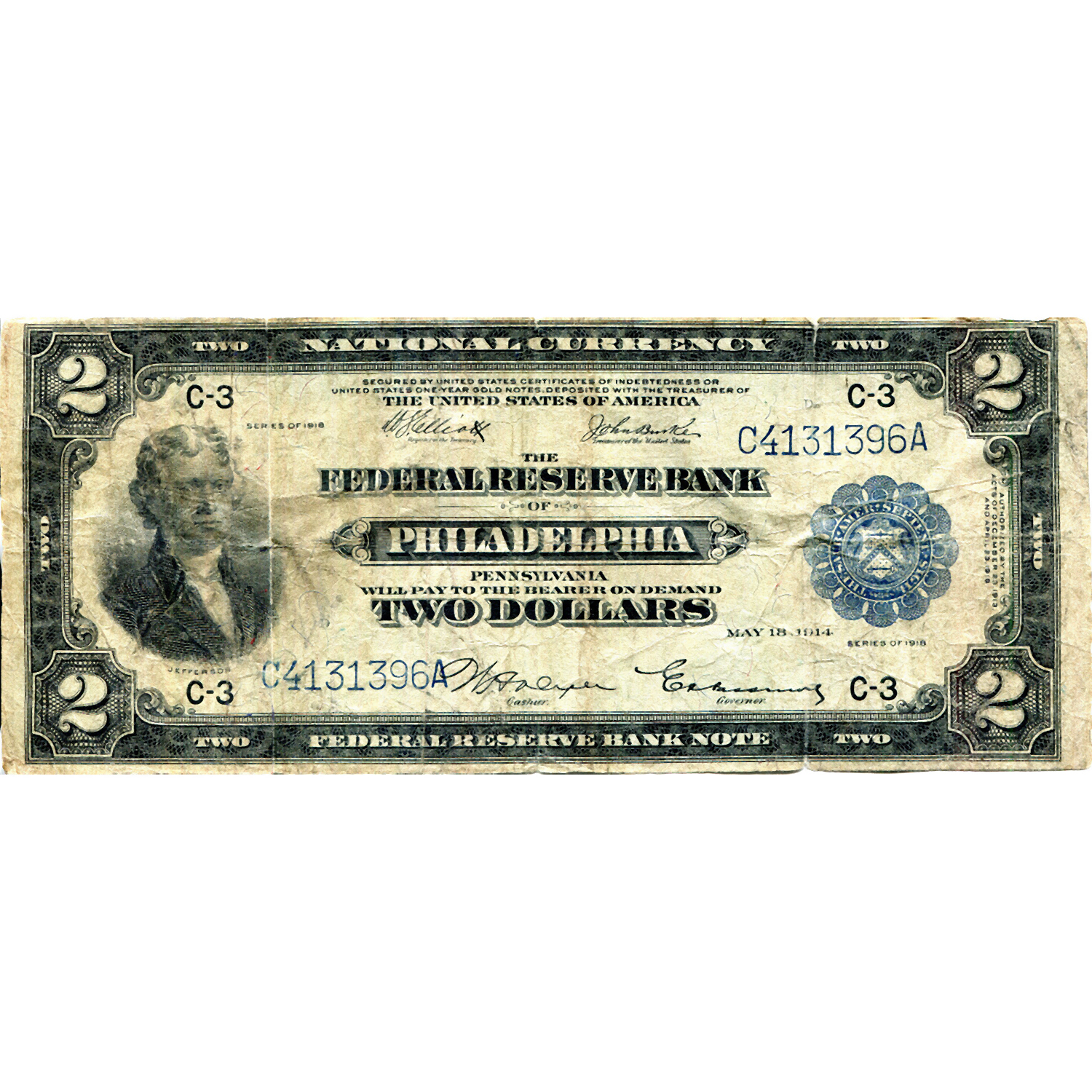 1918 $2 Federal Reserve Bank Note Philadelphia VG Rare Sig. Variety (Fr#755)