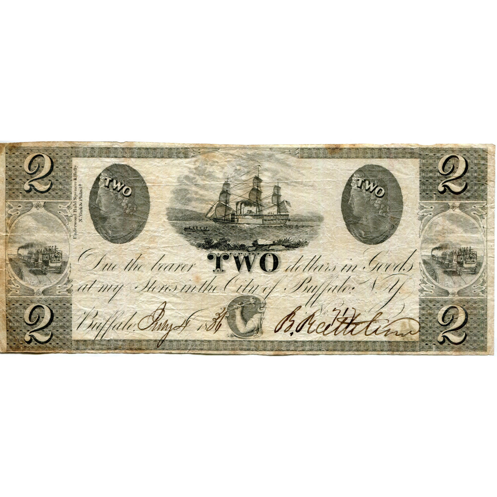 New York Buffalo 1836 $2 Benjamin Rathbone Store Card VF