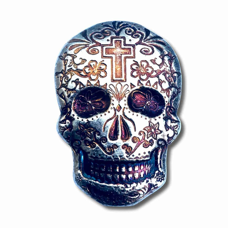 2 oz .999 Fine Silver Sugar Skull - Day of the Dead - Cross