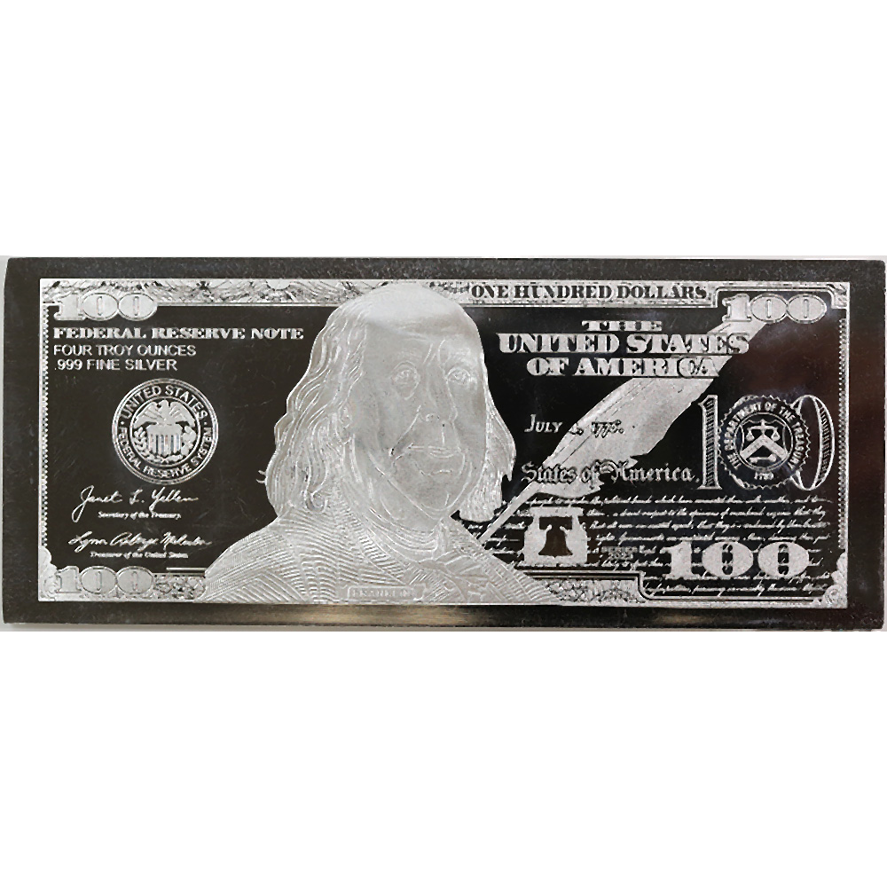 Silver 4 Ounce Bar - 2023 $100 Bill .999 Fine