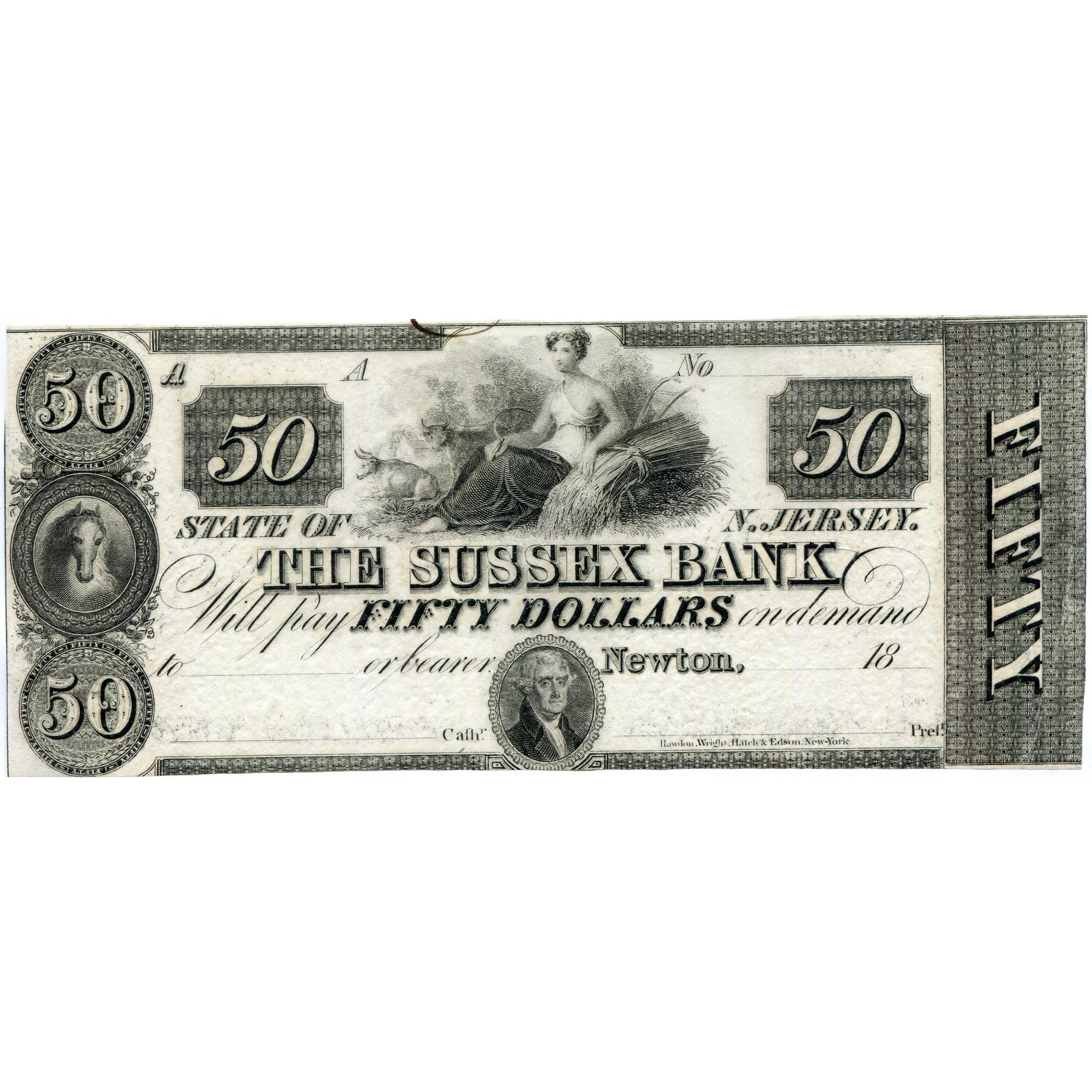New Jersey Newton 1830s $50 The Sussex Bank NJ-390 G50a CU