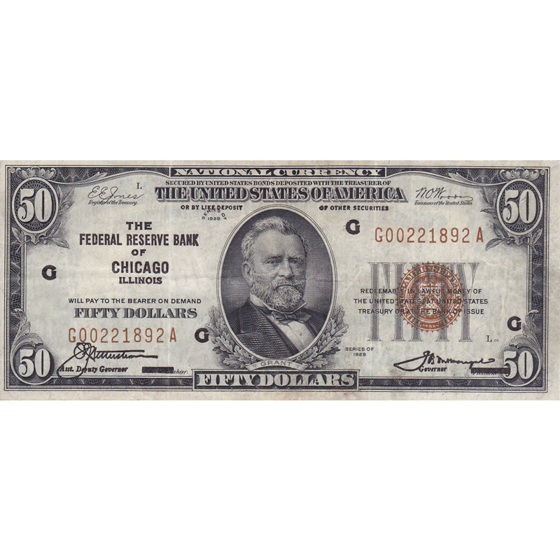 1929 $50 Federal Reserve Note Chicago IL F-VF