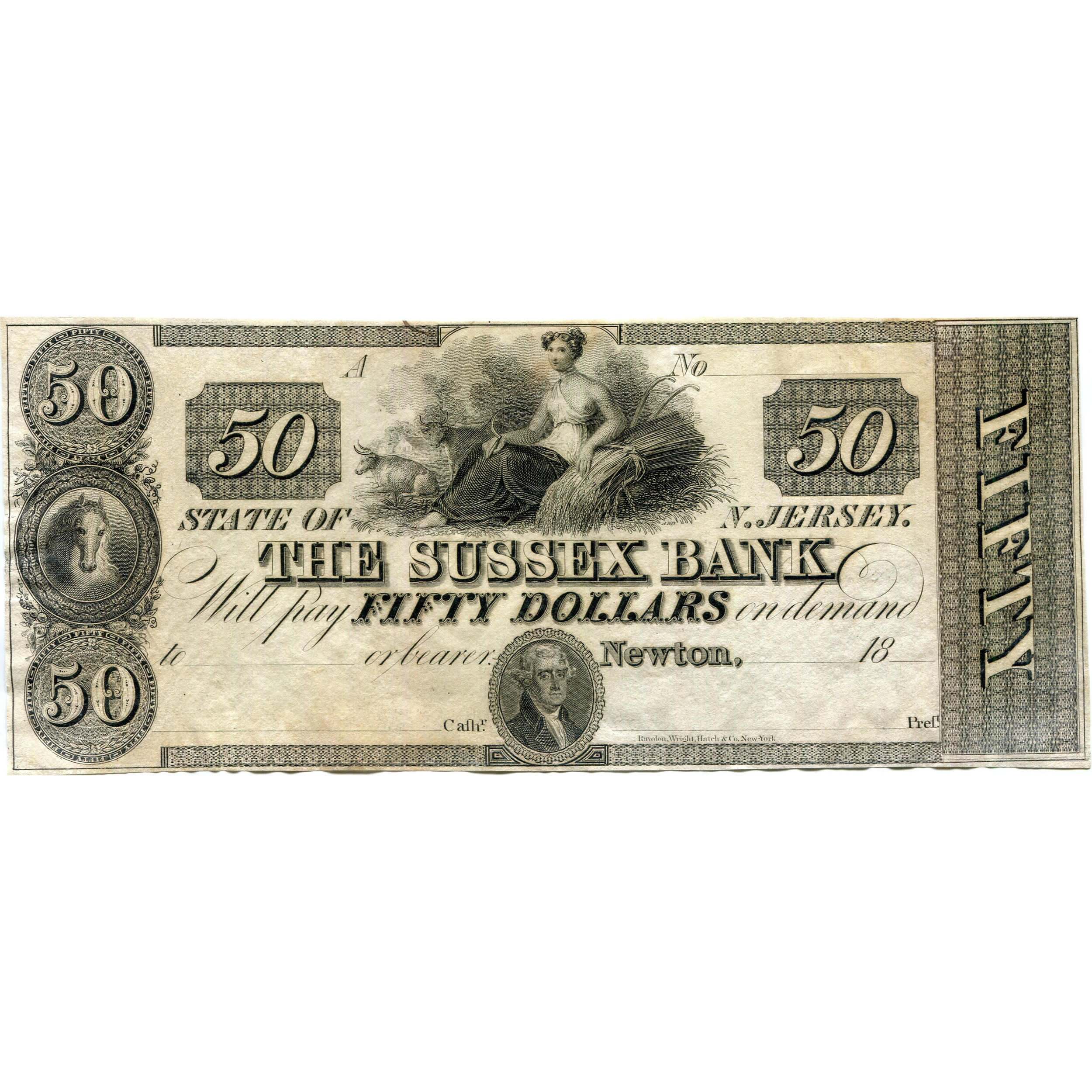 New Jersey Newton 1830s $50 The Sussex Bank NJ-390 G50 UNC