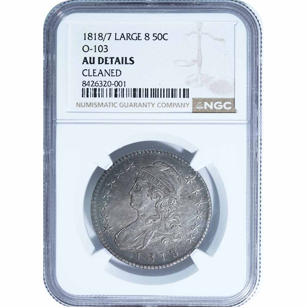 Certified Bust Half Dollar 1818 Over 7 Large 8 AU details NGC