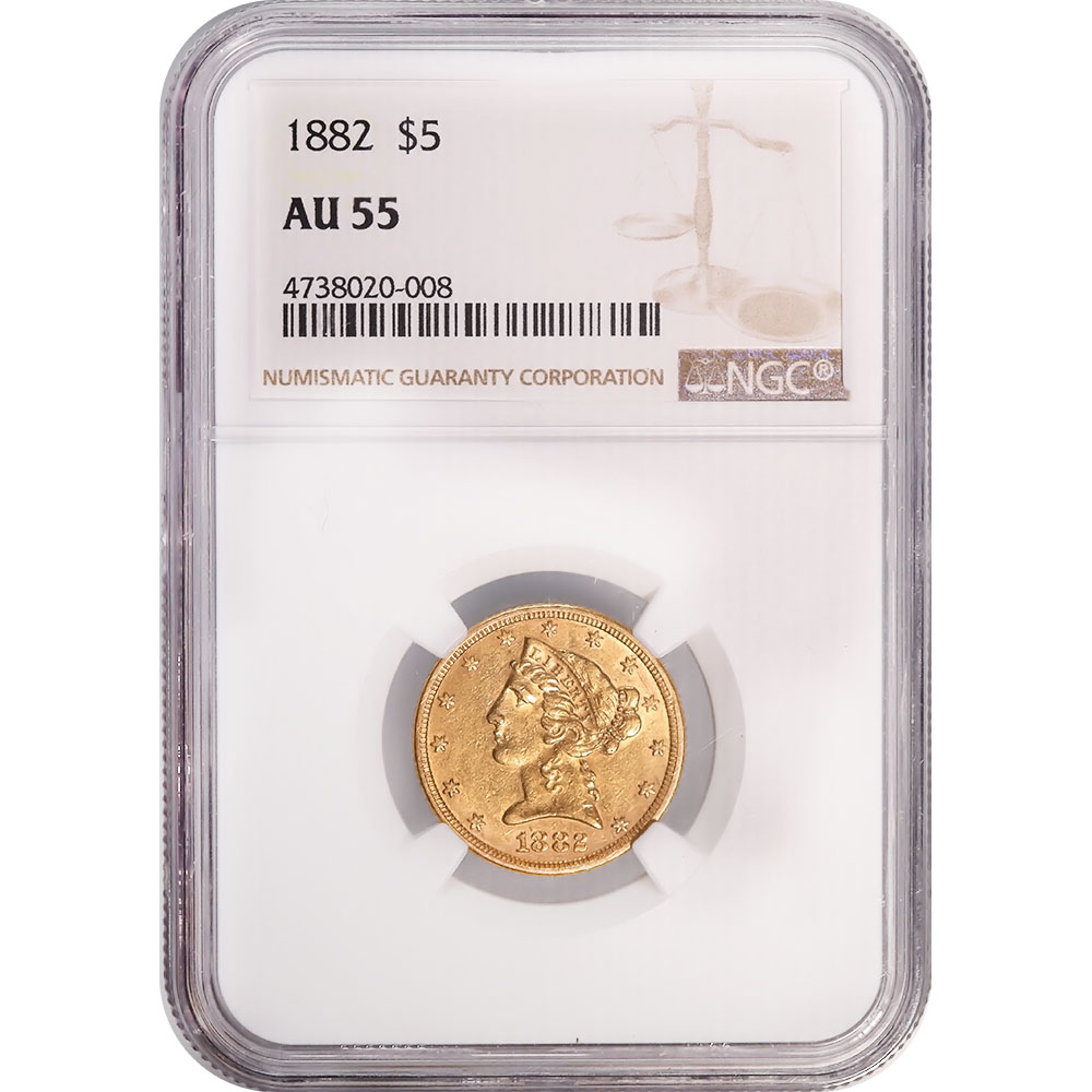 Certified $5 Gold Liberty 1882 AU55 NGC