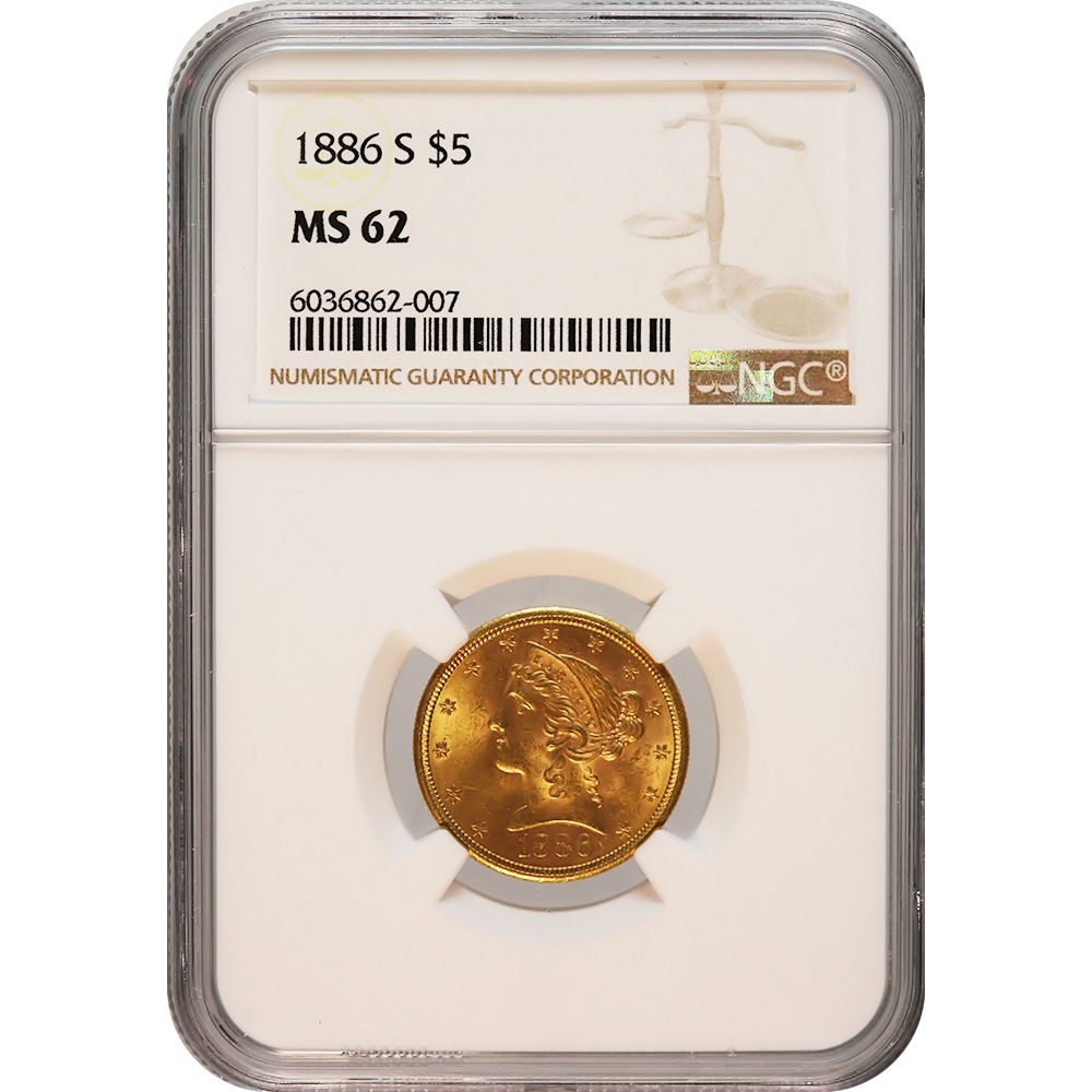 Certified $5 Gold Liberty 1886-S MS62 NGC