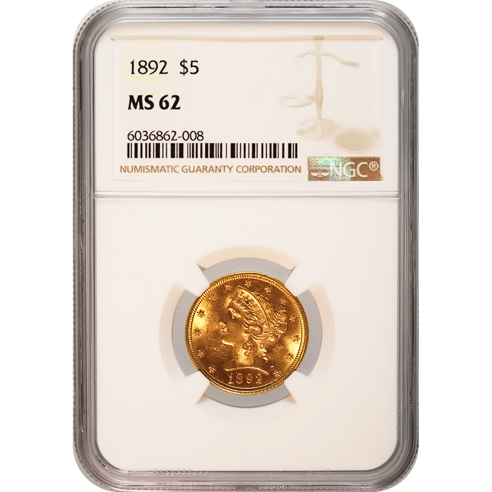 Certified $5 Gold Liberty 1892 MS62 NGC