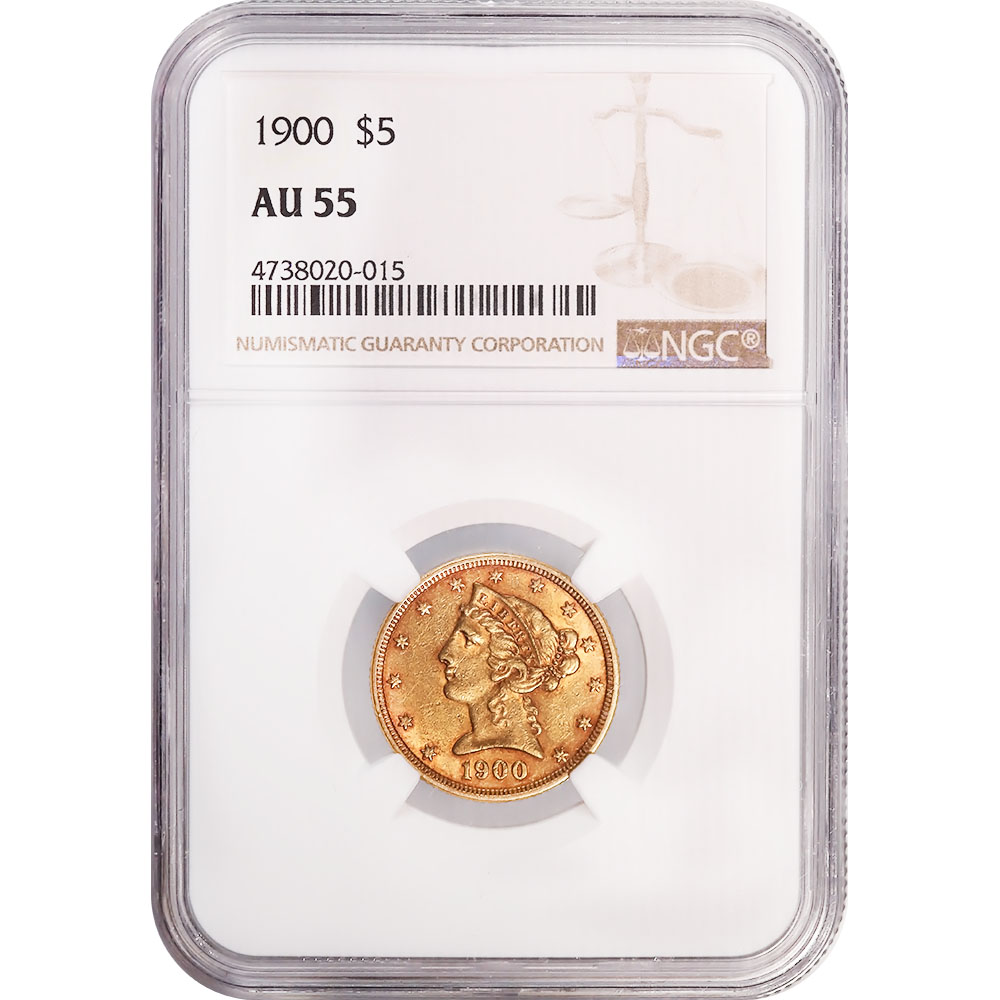 Certified $5 Gold Liberty 1900 AU55 NGC