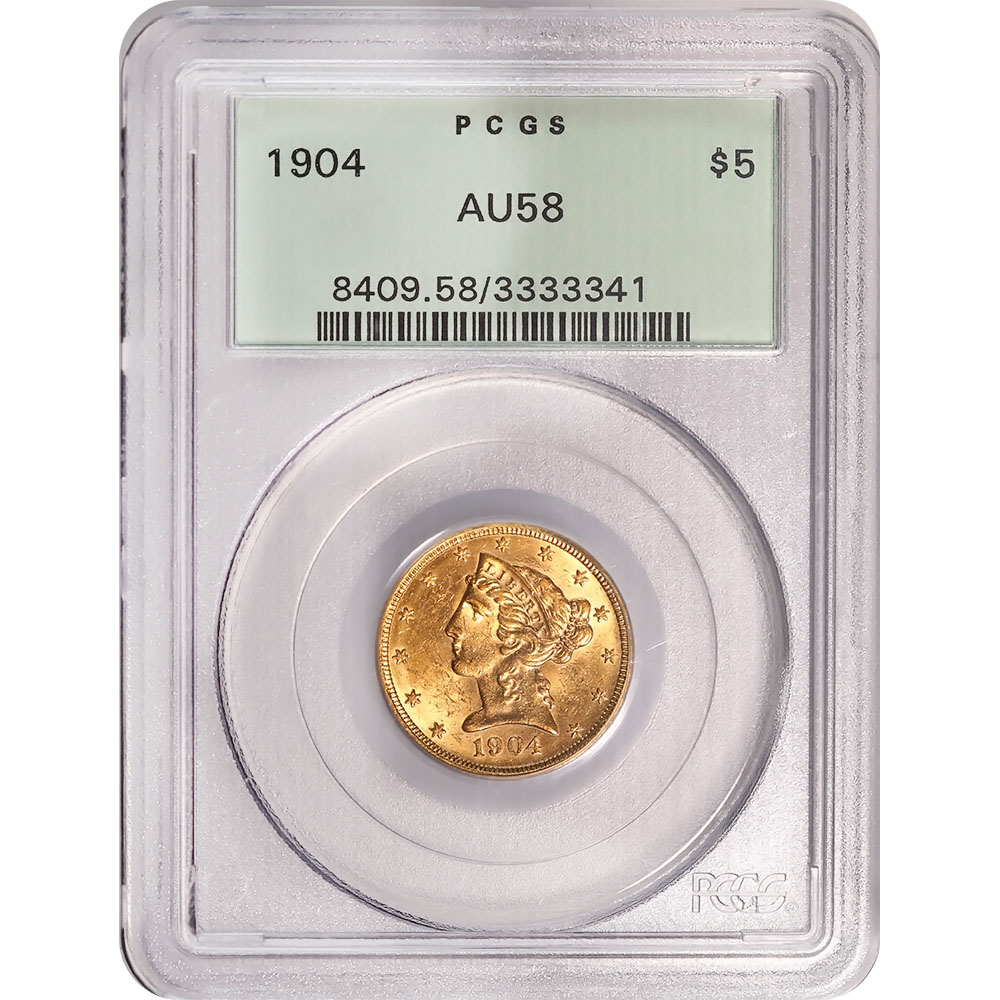 Certified US Gold $5 Liberty 1904 AU58 PCGS