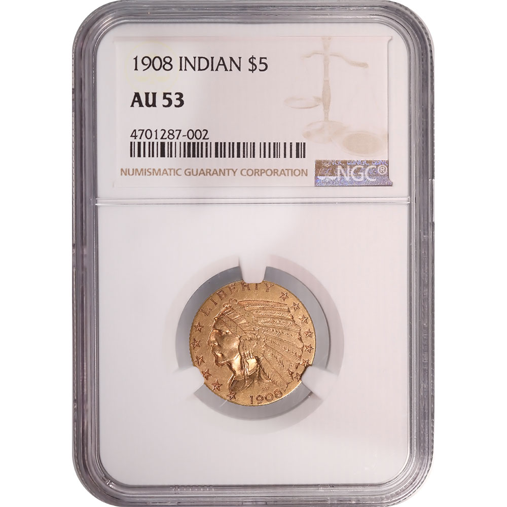 Certified US Gold $5 Indian 1908 AU53 NGC