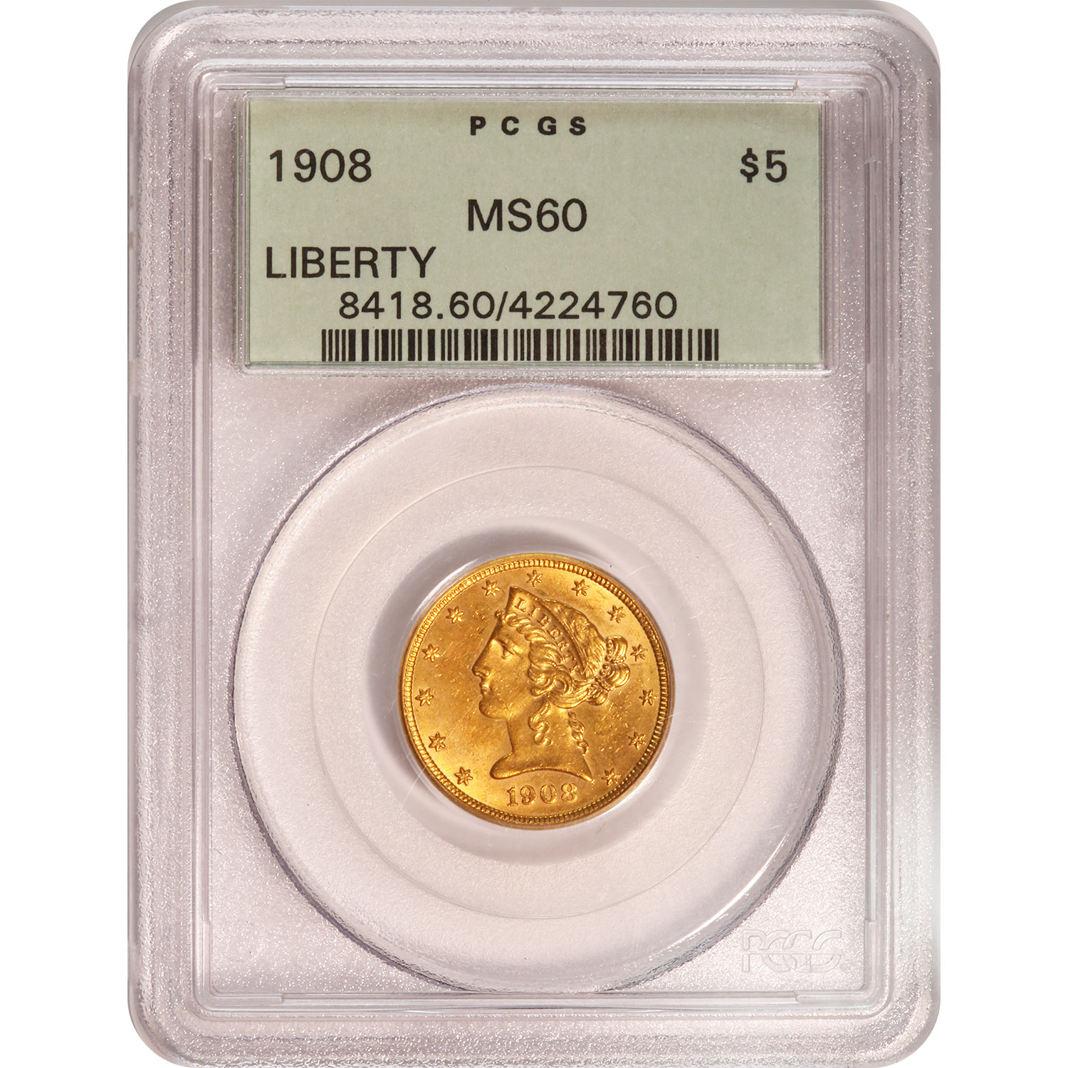 Certified $5 Gold Liberty 1908 MS60 PCGS
