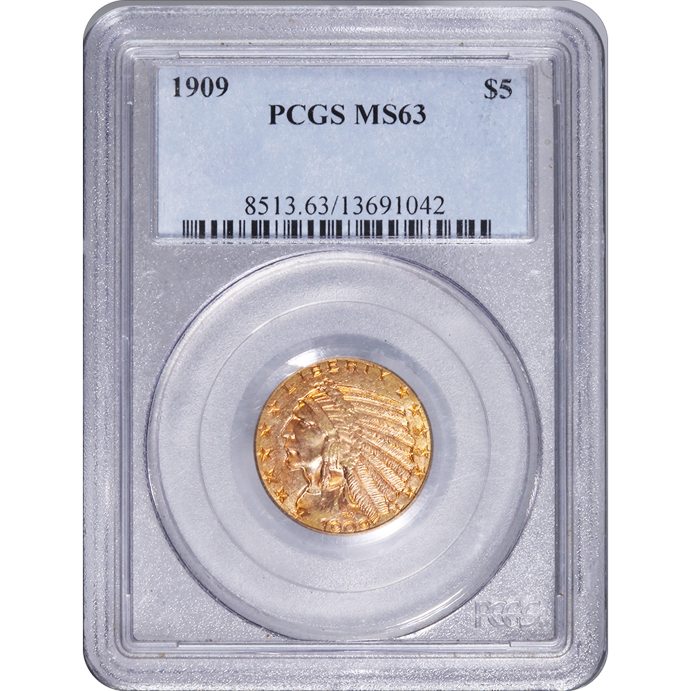 Certified $5 Gold Indian 1909 MS63 PCGS