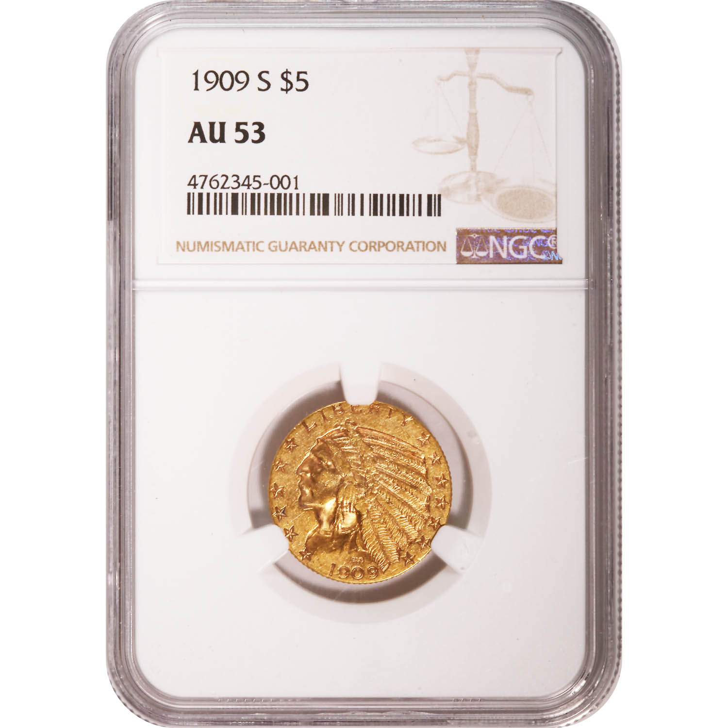 Certified $5 Gold Indian 1909-S AU53 NGC