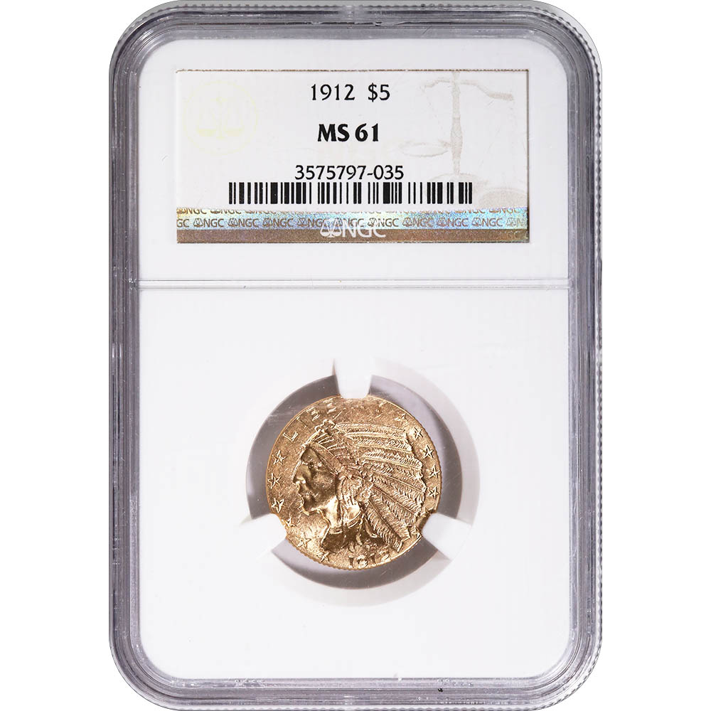 Certified $5 Gold Indian 1912 MS61 NGC