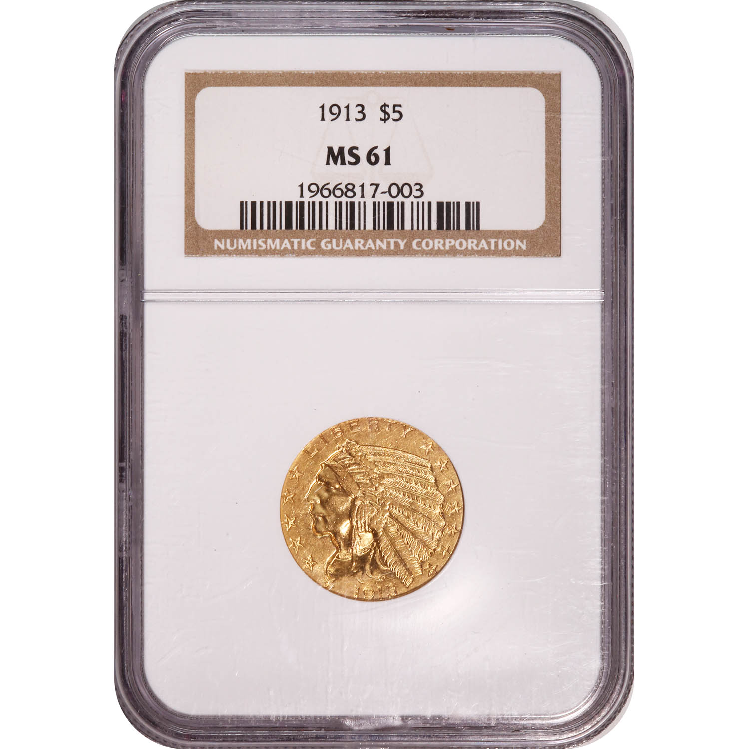 Certified $5 Gold Indian 1913 MS61 NGC
