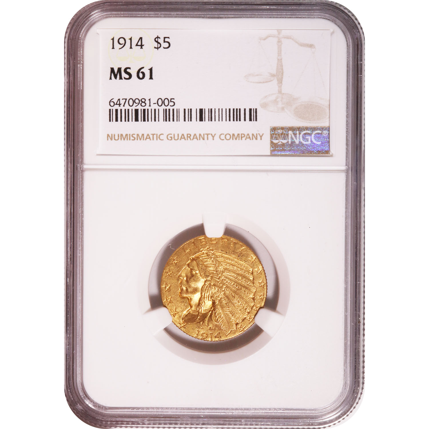 Certified $5 Gold Indian 1914 MS61 NGC