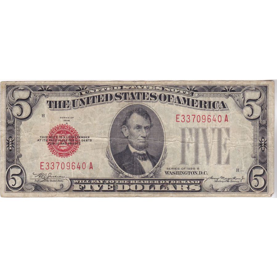 1928B $5 United States Note Red Seal VG-F