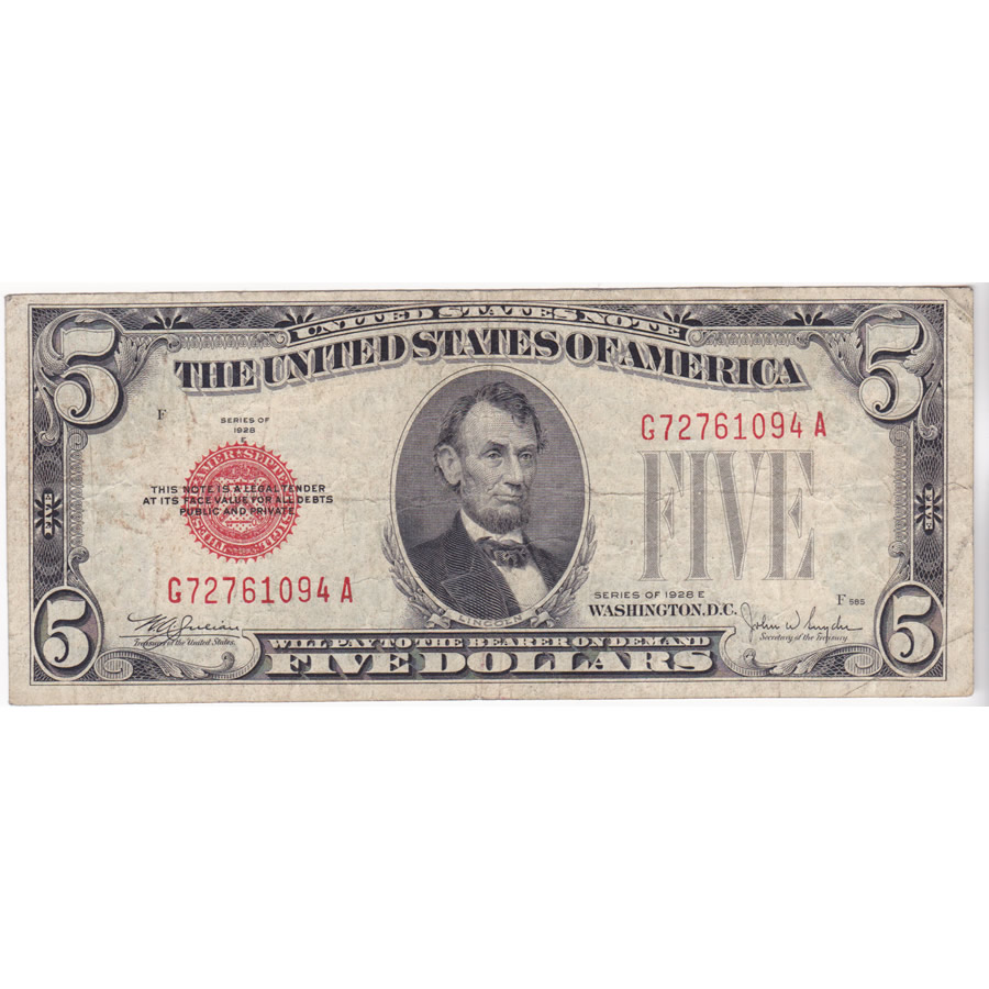 1928E $5 United States Note Red Seal VG-F