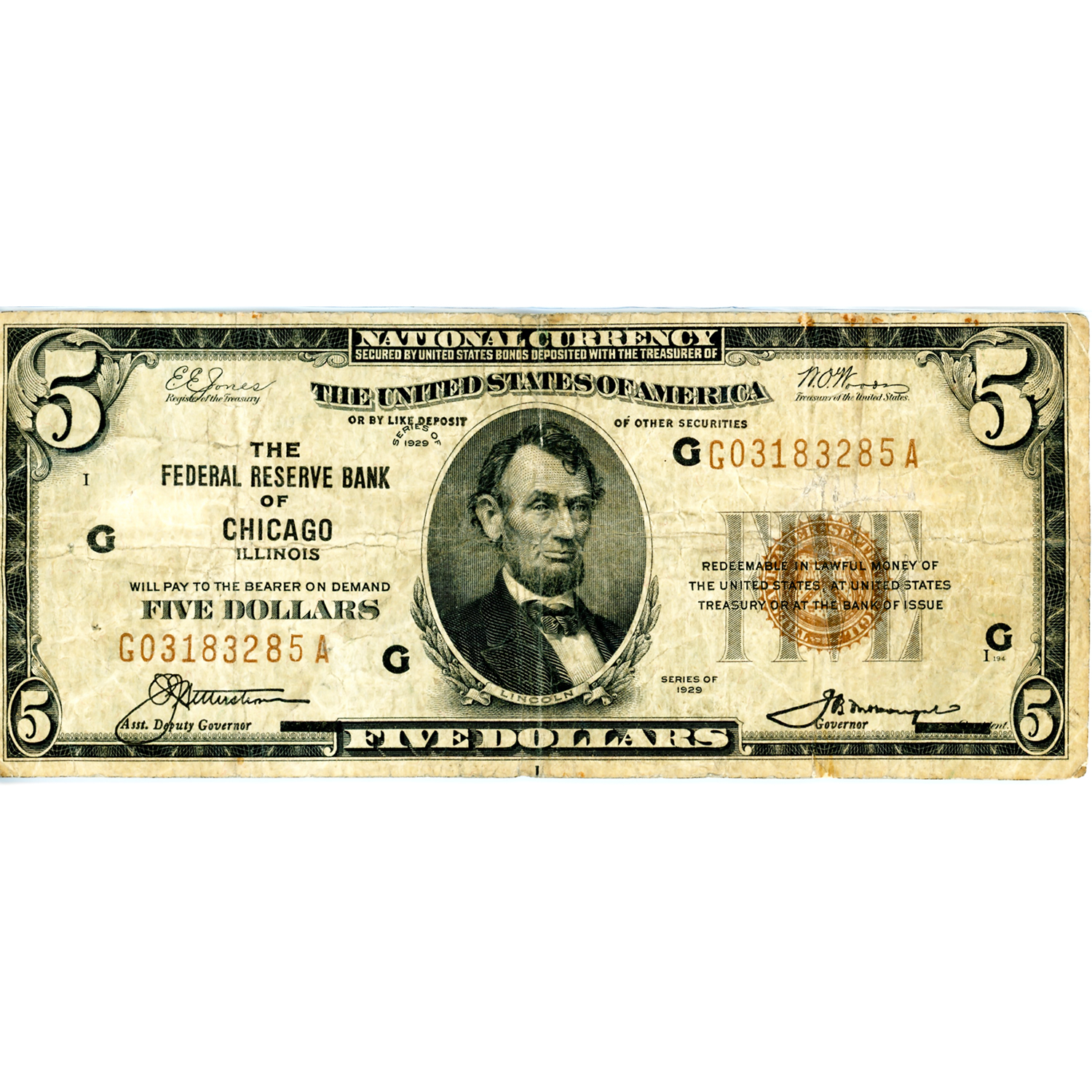 1929 $5 Federal Reserve Note Chicago IL G-VG