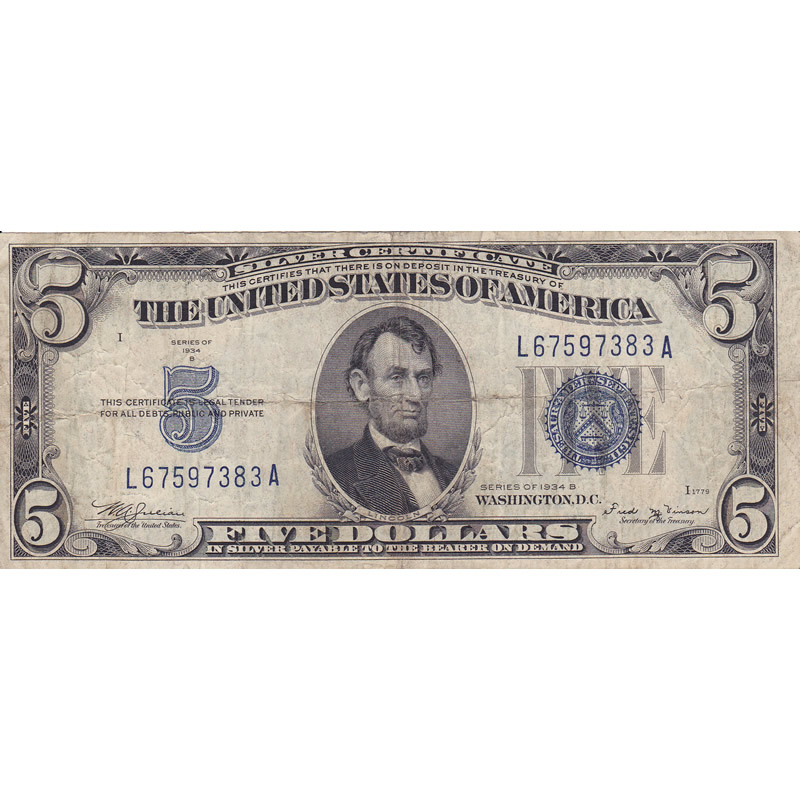 1934B $5 Silver Certificate F-VF
