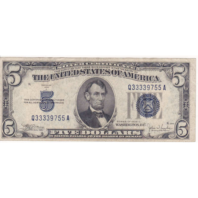 1934C $5 Silver Certificate F-VF