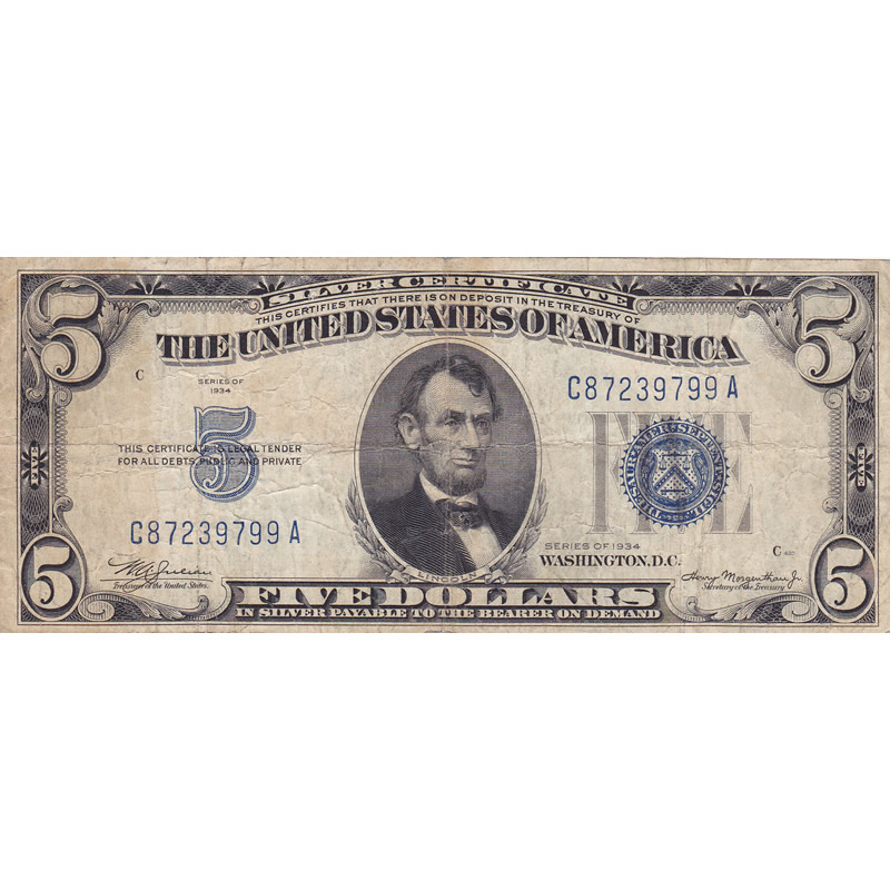 1934 $5 Silver Certificate G-VG