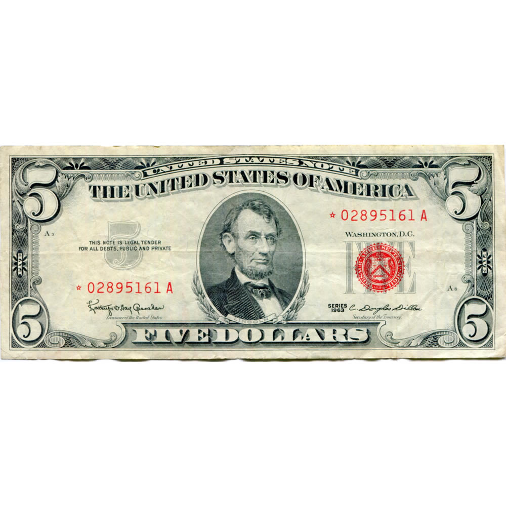1963 $5 STAR United States Note Red Seal VG-F