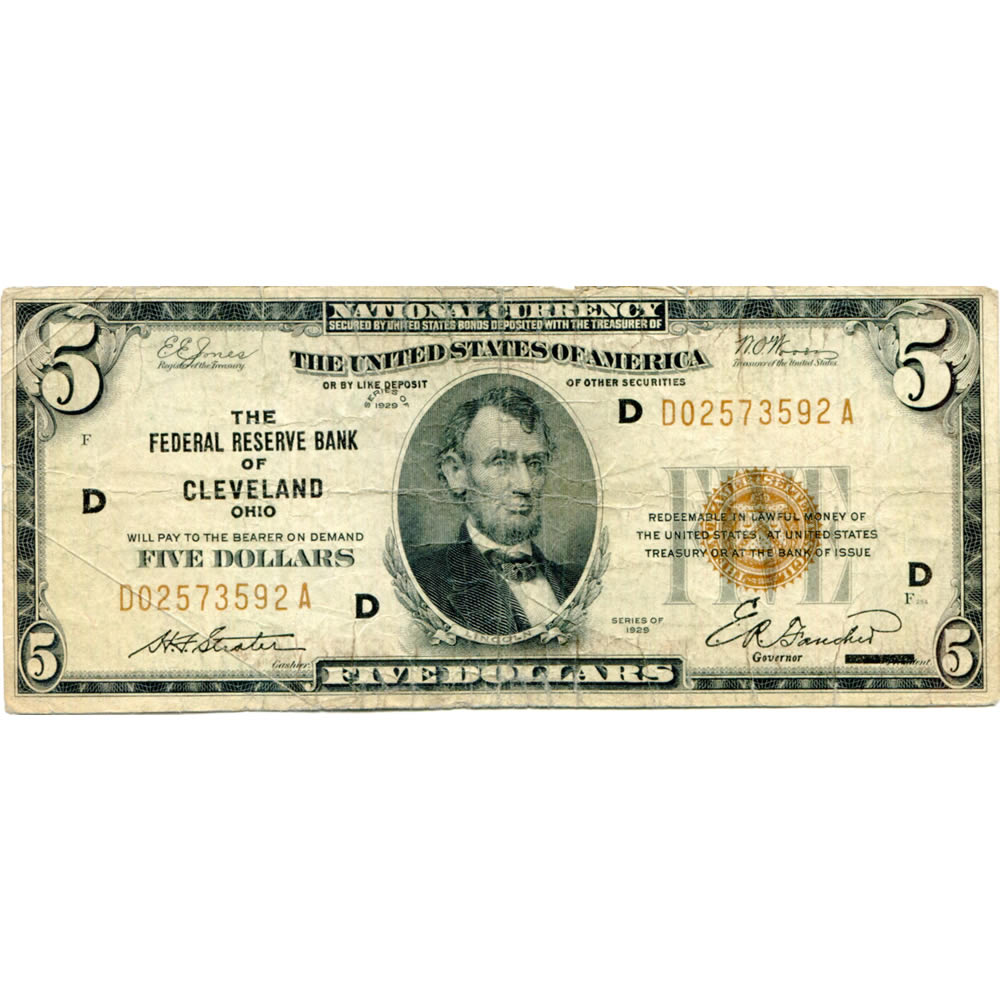 1929 $5 Federal Reserve Note Cleveland OH G-VG