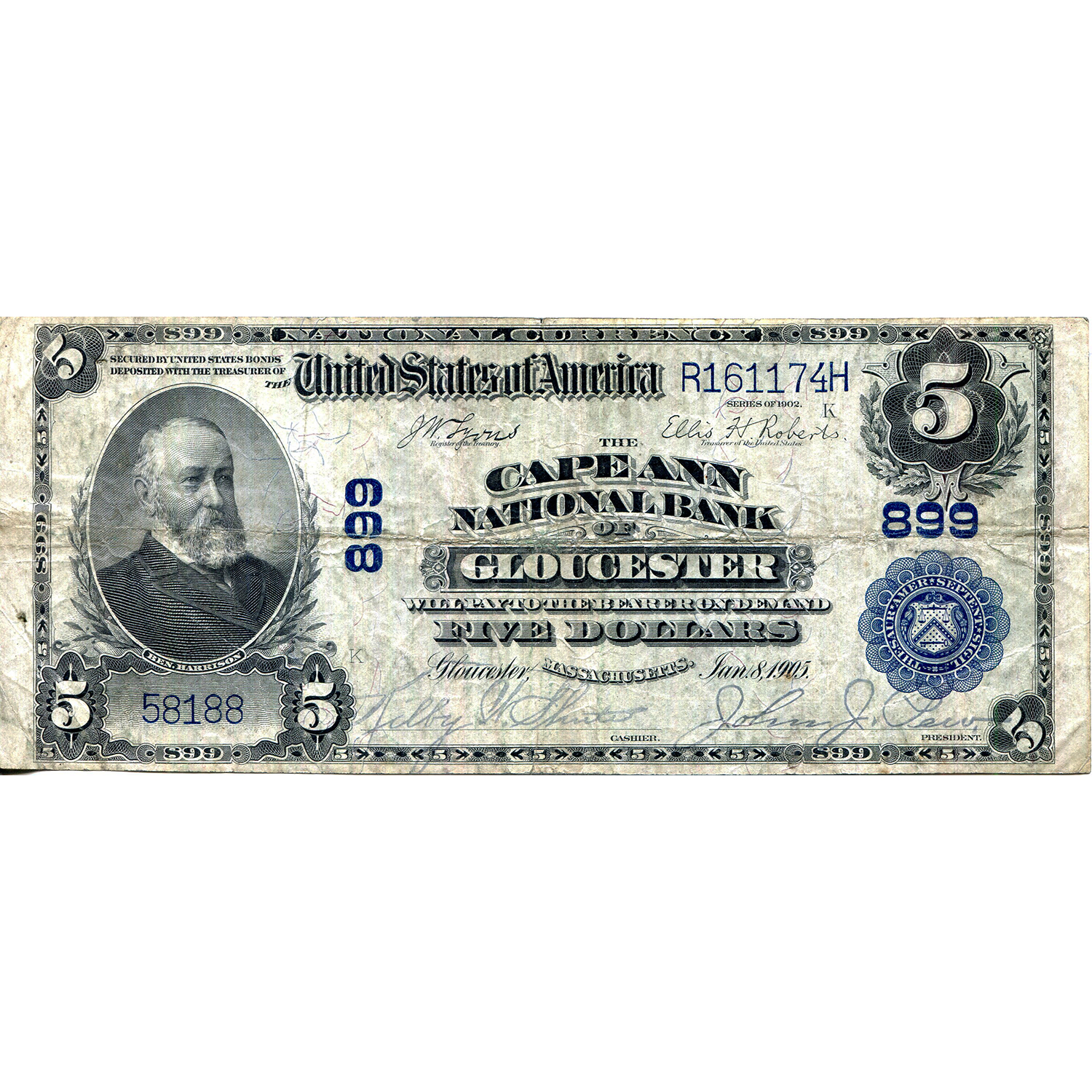 1902 $5 National Bank Note Gloucester MA Charter #899 F