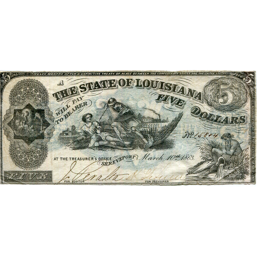 Louisiana Shreveport 1863 $5 State Issue CR#14 XF
