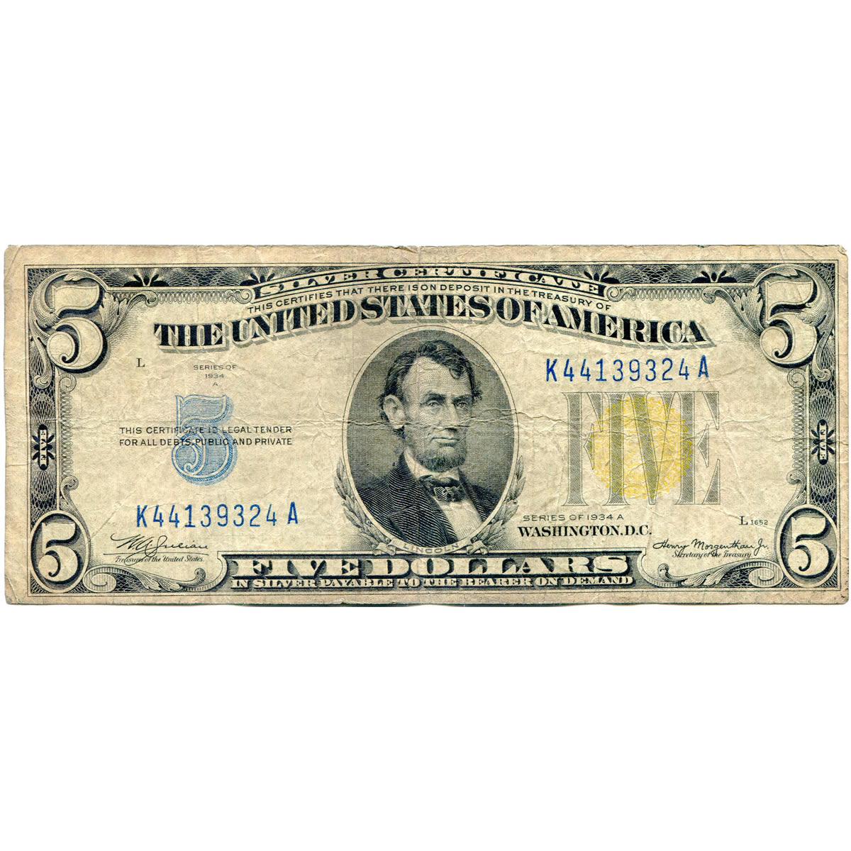 1934A North Africa $5 Silver Certificate G-VG