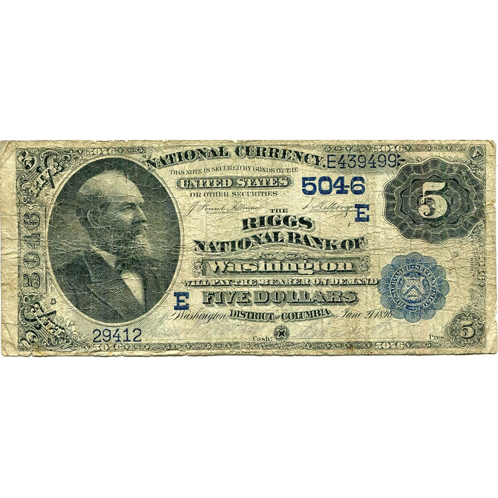 1882 Date Back $5 National Bank Note Washington DC Charter #5046 VG
