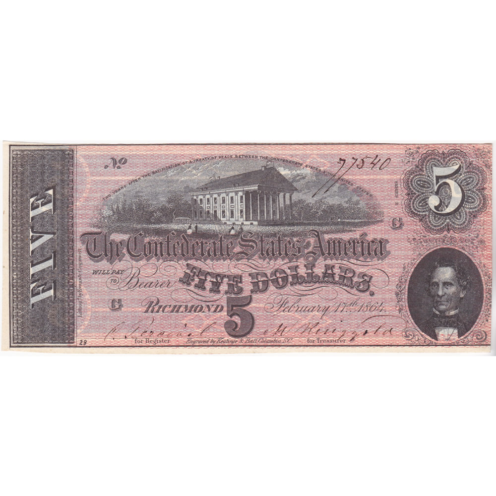 $5 1864 Confederate Note Richmond VA XF-AU