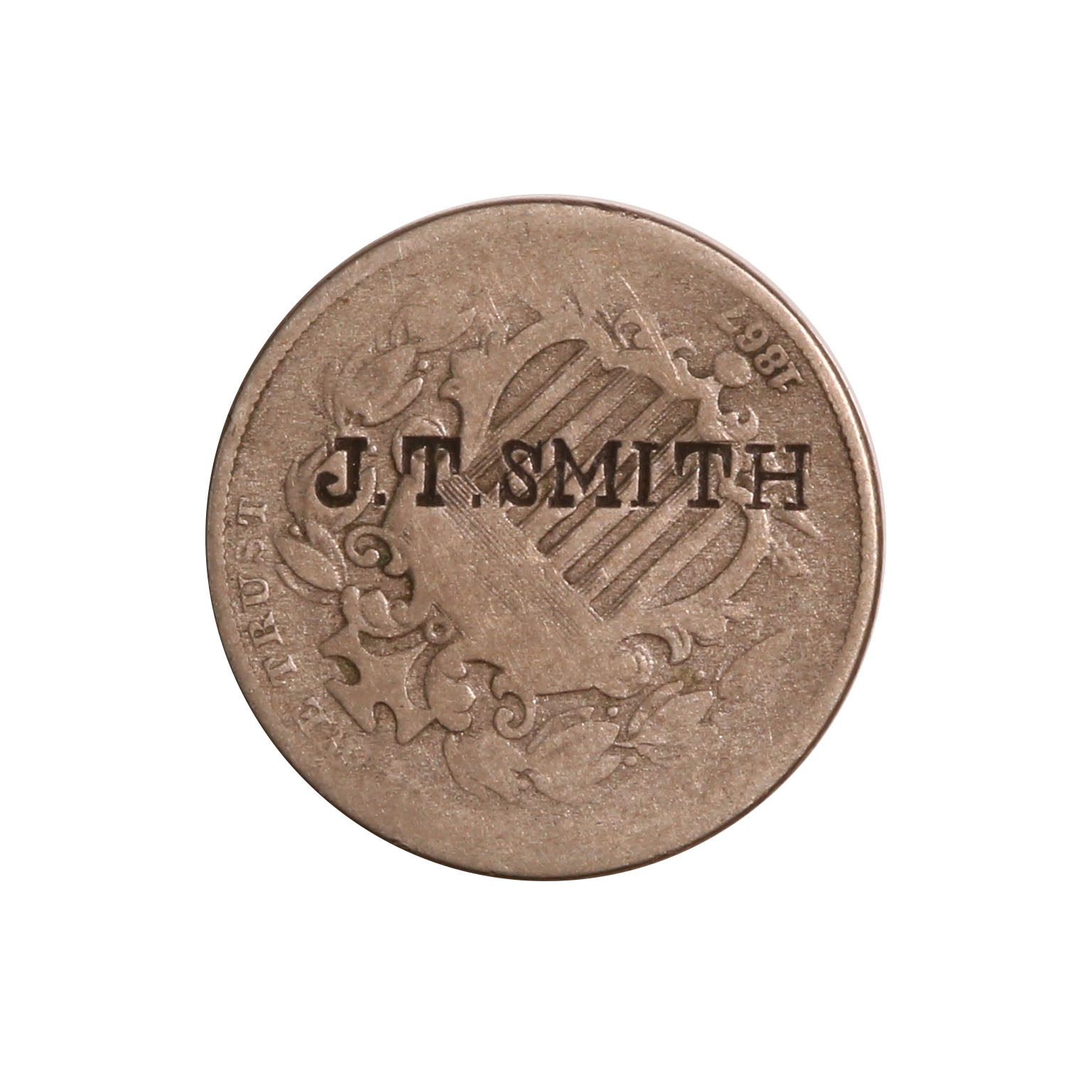 U.S. Merchant Token Shield Nickel 1867 "J.T. SMITH" Counterstamp NI-Sc3