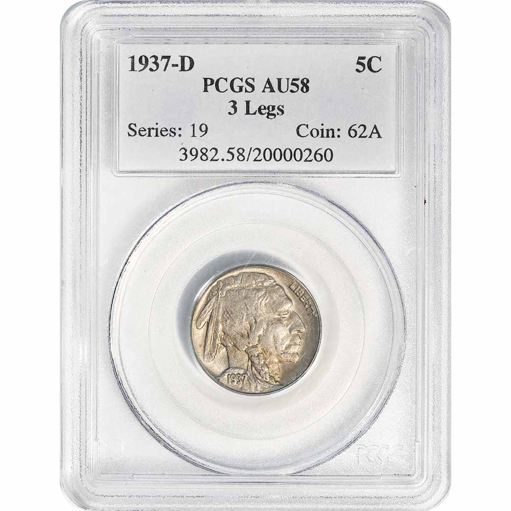 Certified Buffalo Nickel 1937-D 3 Legs AU58 PCGS