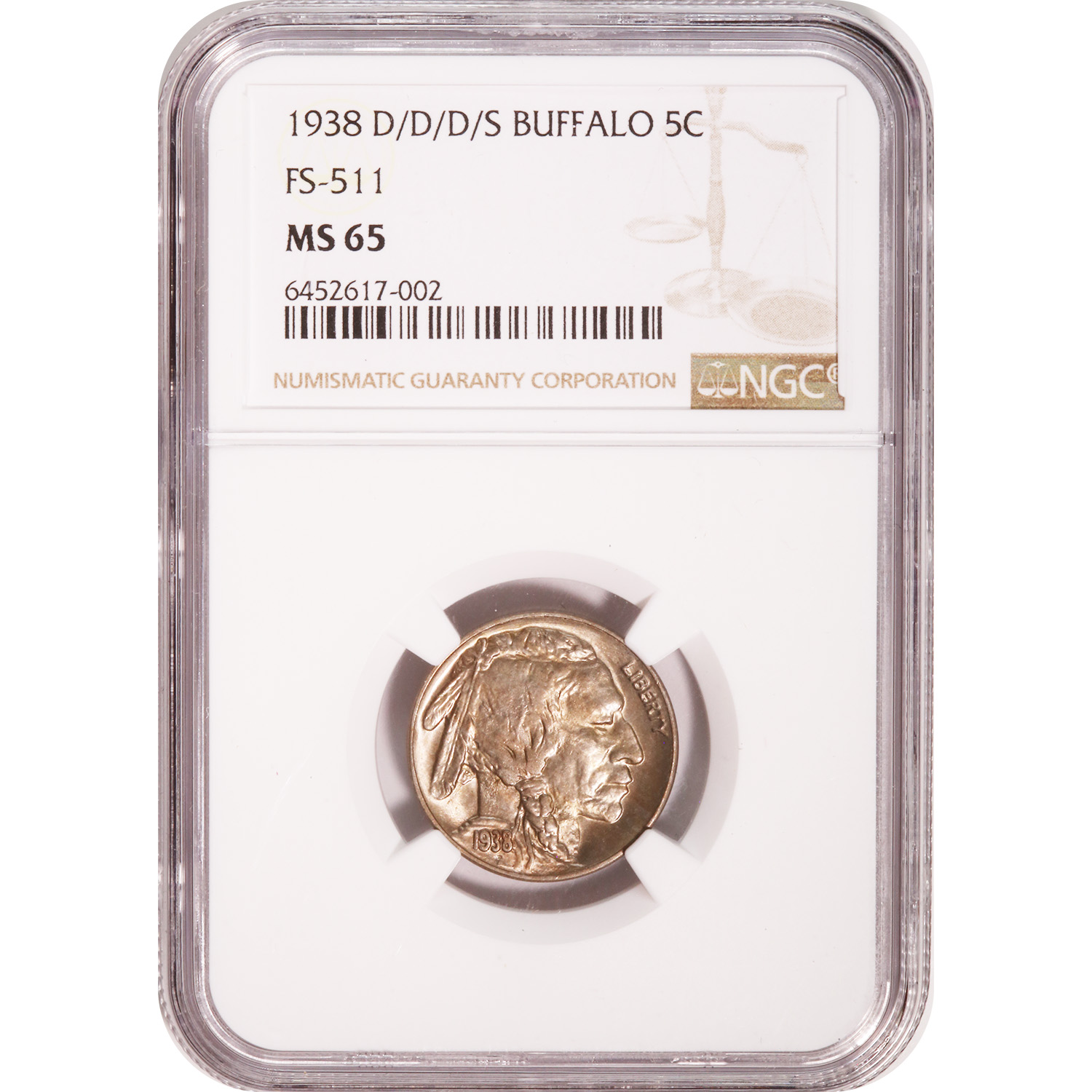 Certified Buffalo Nickel 1938 D/D/D/S MS65 NGC