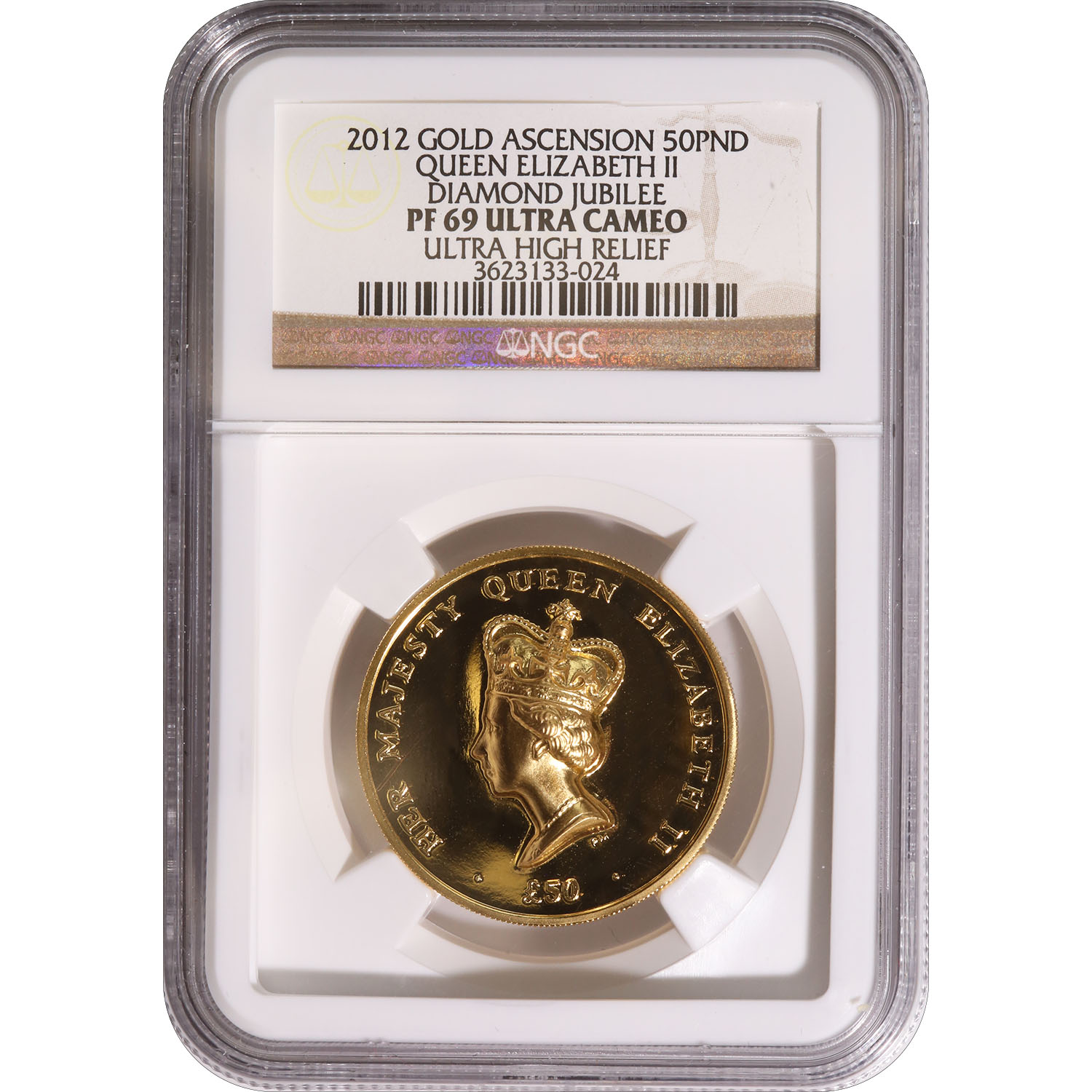 Ascension Island 50 Pound Gold Ultra High Relief 2012 PF69 NGC QEII Diamond Jubilee