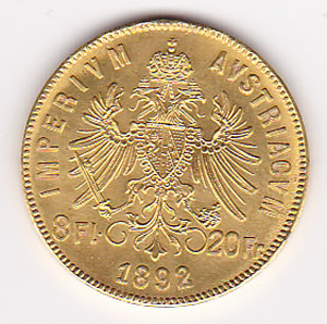 Austria gold 8 florin 20 francs 1892