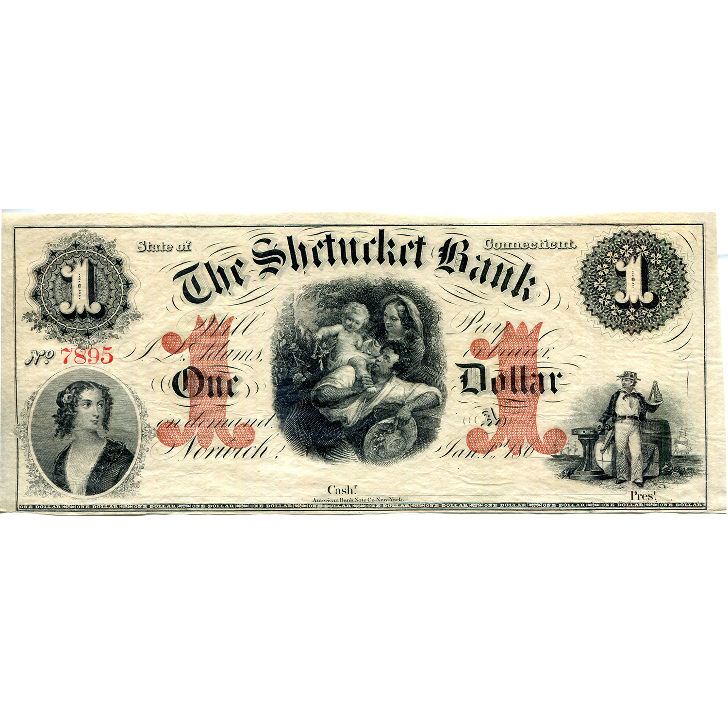 Connecticut Norwich 1860s $1 Remainder--The Shetucket Bank CT-365 G20c UNC