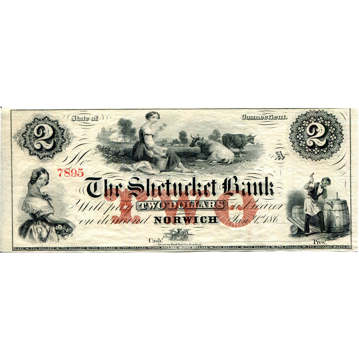 Connecticut Norwich 1860s $2 Remainder--The Shetucket Bank CT365-G22c UNC