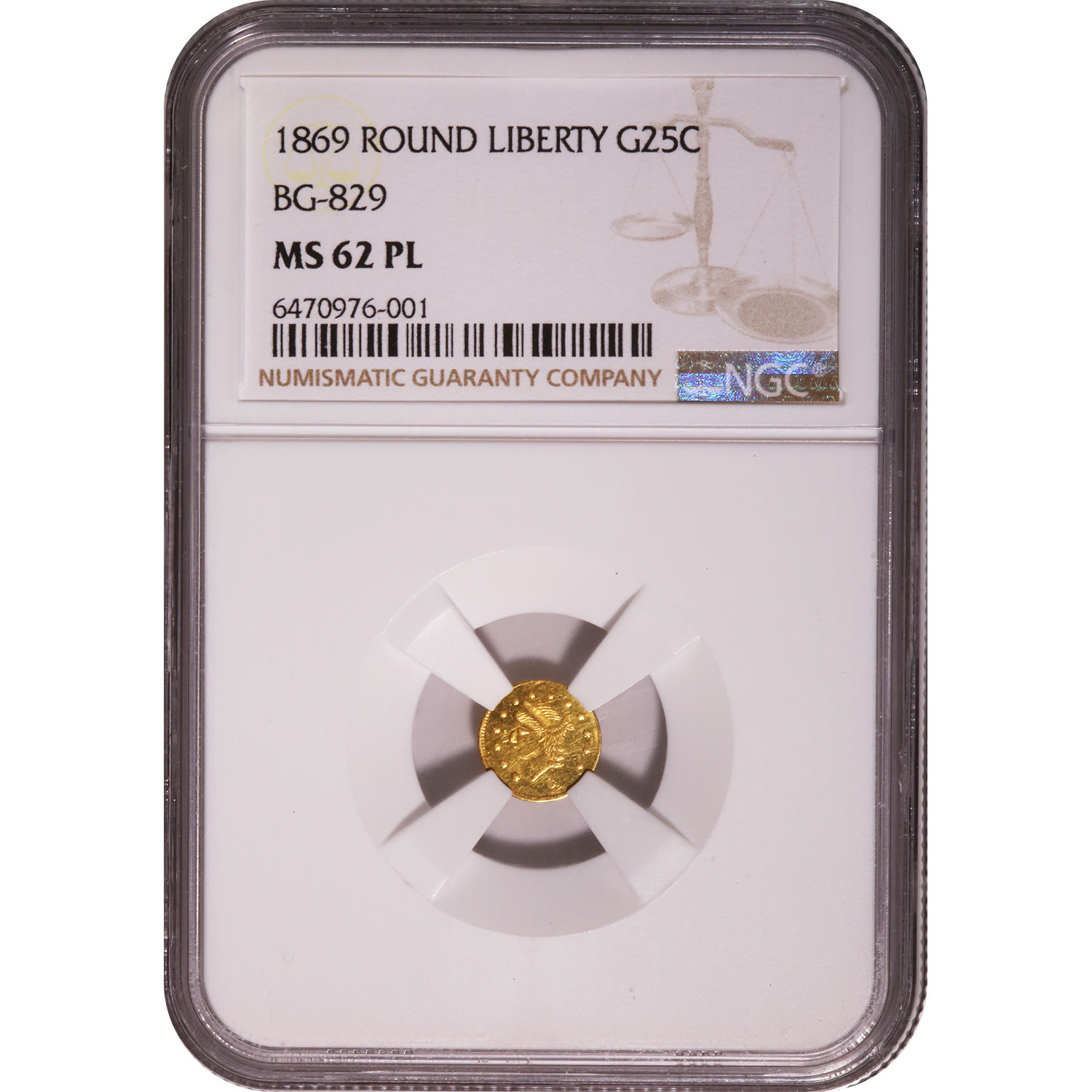 Certified Round Liberty 1869 25 Cents MS62PL NGC BG-829