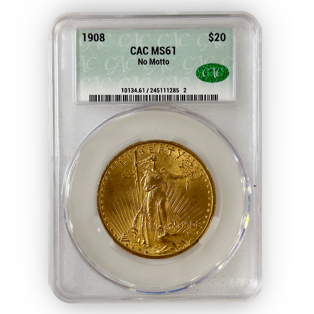 Certified $20 St Gaudens MS61 1908 CAC No Motto