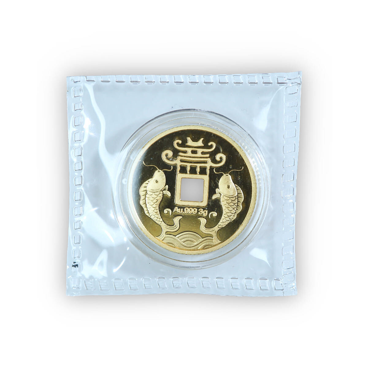 China Twin Fish Promising Future 3 Gram .999 Gold Square Hole Medal