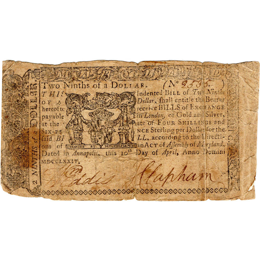 Colonial Currency Maryland 2/9 Dollar April 10 1774 MD-62 (tape)