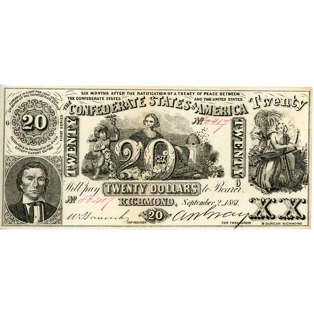 $20 1861 Confederate Note T-20 UNC